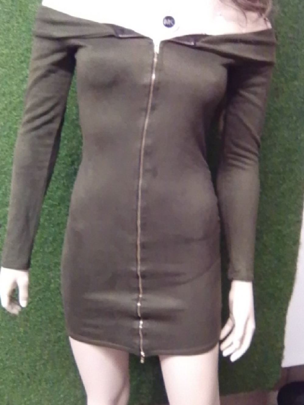 Off-Shoulder Olive Green Long Sleeve Zip-Front Bodycon Dress